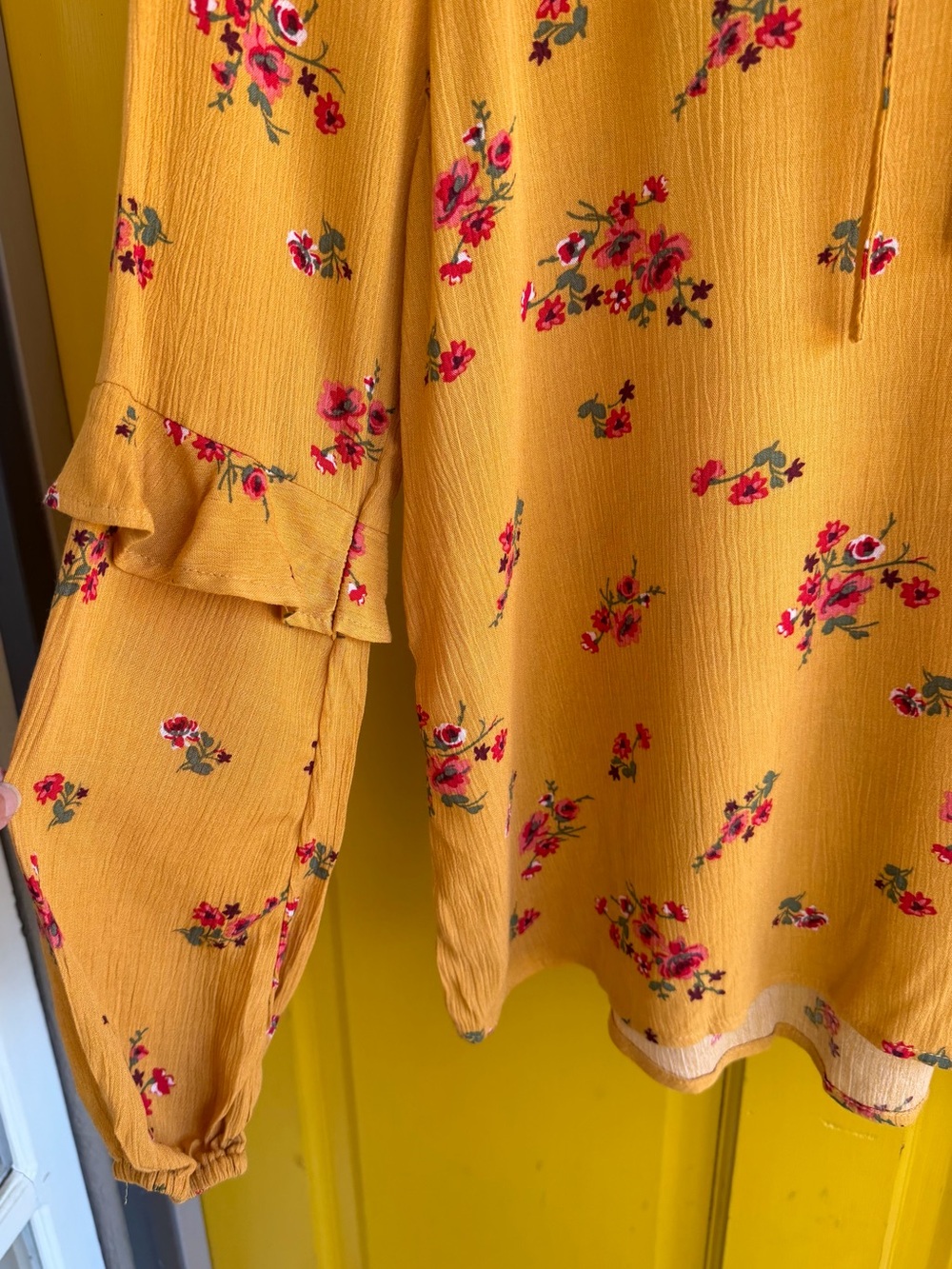 Wallflower Mustard Floral Tie-Front Peasant Blouse - Picture 4 of 11